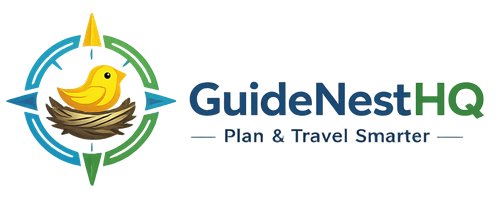 GuideNestHQ logo featuring a compass, nest and bird symbol with the tagline Plan & Travel Smarter
